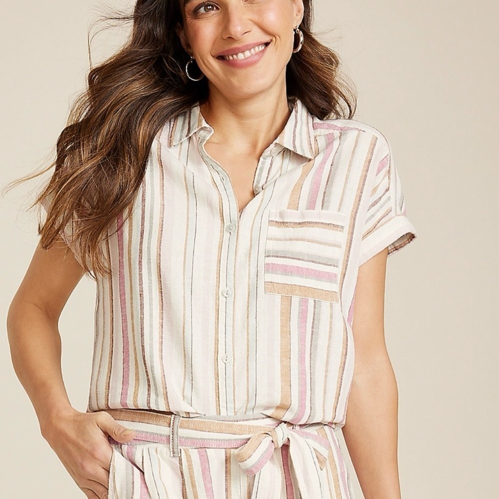 Maurices Striped Linen Utility Dolman Sleeve Button Down Shirt Size XL Summer